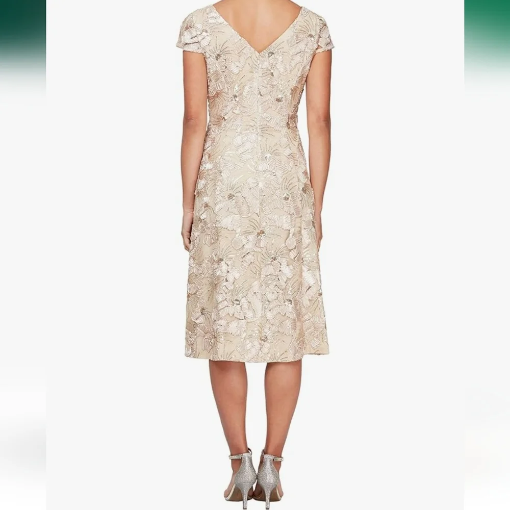 Alex Evenings Embroidered Cocktail Champange Dress - Picture 3 of 9